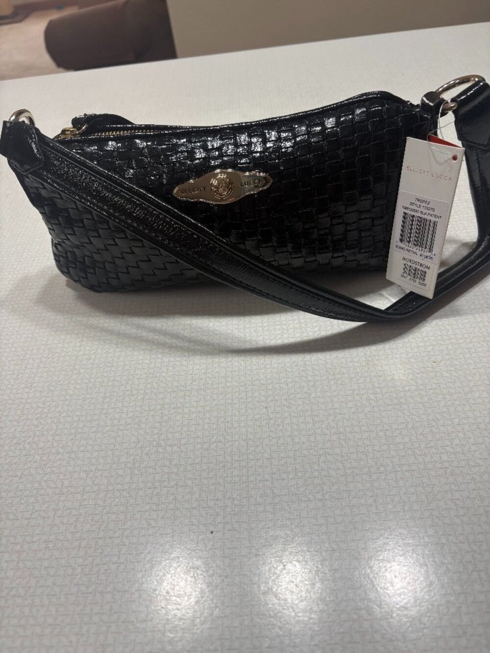 NWT Elliott Lucca Black Patent Leather Woven look Shoulder Bag